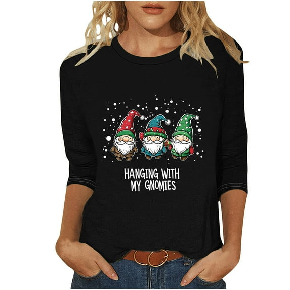 Oplxuo Women Christmas Shirts 3/4 Length Sleeves Crewneck Top Christmas Graphic Printed Tshirts Holiday Blouses