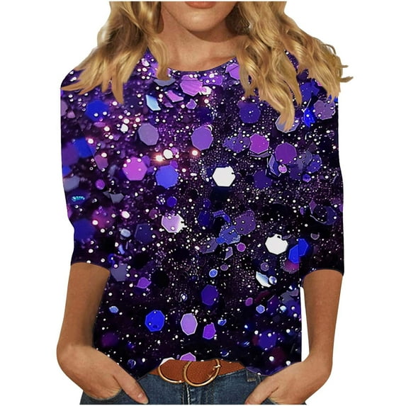 Oplxuo Women Christmas Shirts 3/4 Length Sleeves Crewneck Tops Christmas Graphic Printed Tshirts Holiday Blouse