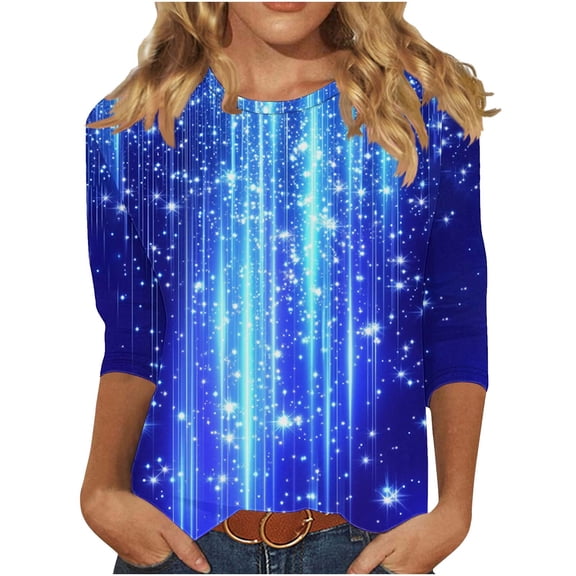 Oplxuo Women Christmas Shirts 3/4 Length Sleeves Crewneck Tops Christmas Graphic Printed Tshirts Holiday Blouse