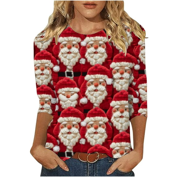 Oplxuo Women Christmas Shirts 3/4 Length Sleeves Crewneck Tops Christmas Graphic Printed Tshirts Holiday Blouse