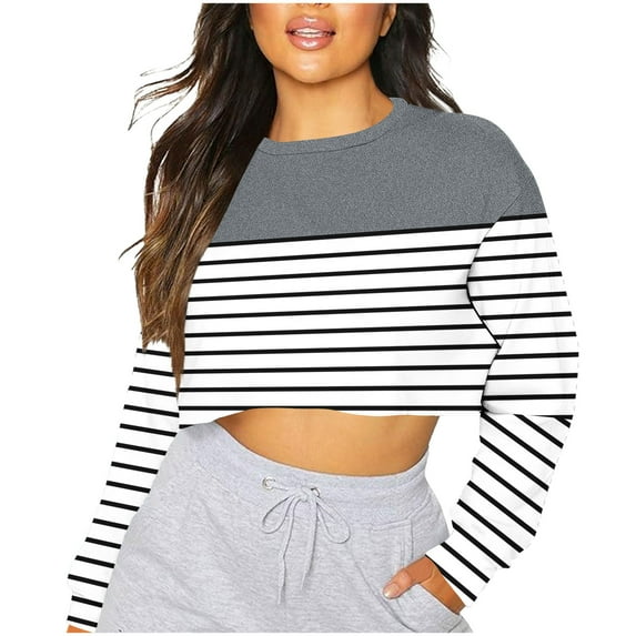 Oplxuo Women Crewneck Crop Sweatshirts Oversized Sweatshirt Trendy Long Sleeve Pullover Irregular Hem Jumper Tops