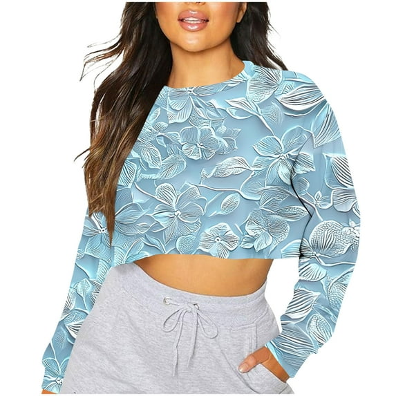 Oplxuo Women Crewneck Crop Sweatshirts Oversized Sweatshirt Trendy Long Sleeve Pullover Irregular Hem Jumper Tops