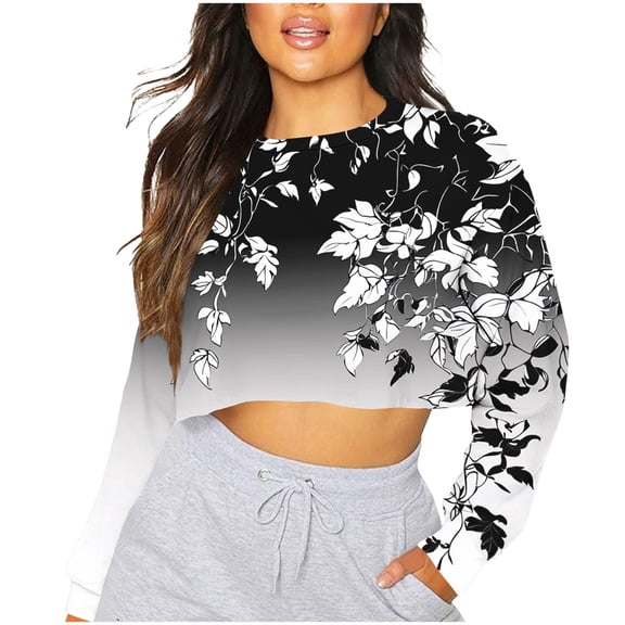 Oplxuo Women Crewneck Crop Sweatshirts Oversized Sweatshirt Trendy Long Sleeve Pullover Irregular Hem Jumper Tops
