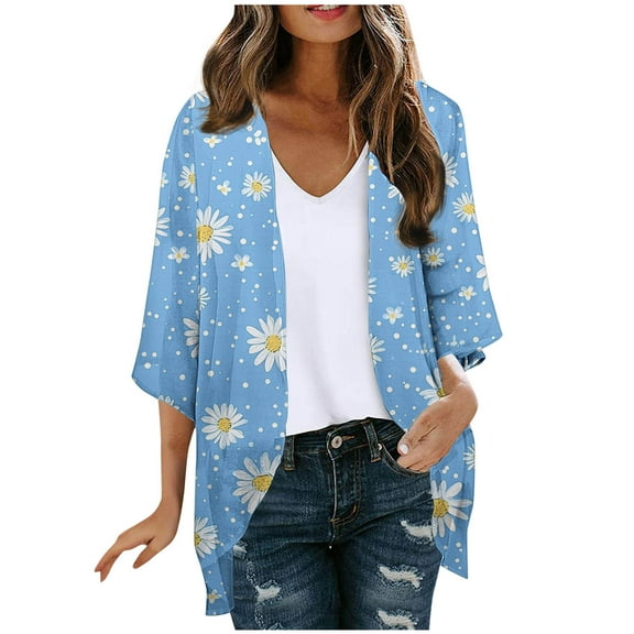 Oplxuo Women Floral Print Lightweight Chiffon Kimono Cardigan Short Sleeve Loose Beach Wear Cover Up Blouse Top