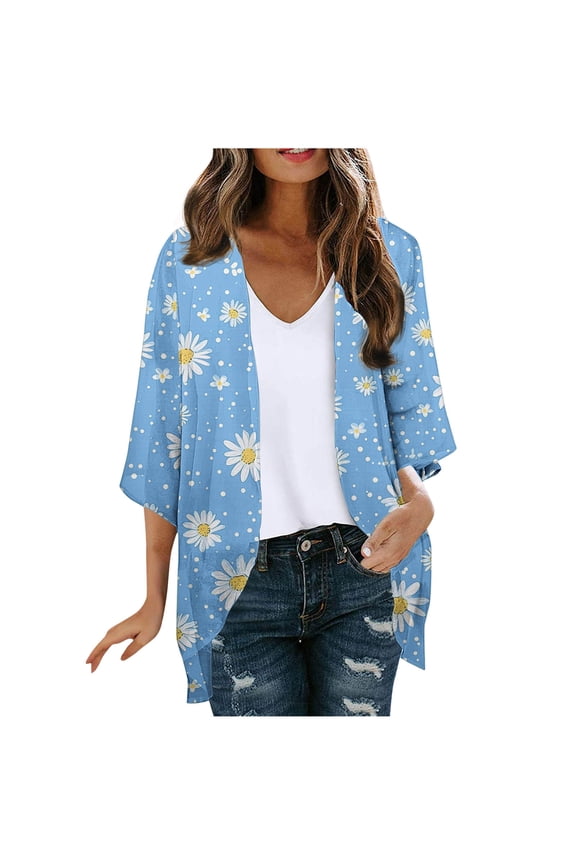 Women Floral Print Lightweight Chiffon Kimono Cardigan Short Sleeve Loose Beach Wear Cover Up Blouse Top