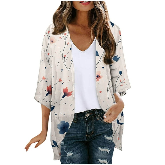 Oplxuo Women Floral Print Lightweight Chiffon Kimono Cardigan Short Sleeve Loose Beach Wear Cover Up Blouse Top