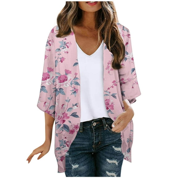 Oplxuo Women Floral Print Lightweight Chiffon Kimono Cardigan Short Sleeve Loose Beach Wear Cover Up Blouse Top
