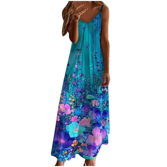 Oplxuo Women Floral Spaghetti Strap Sundress Casual Summer Long Maxi Dress Vneck Sexy Boho Dresses Trendy Beach Clothes