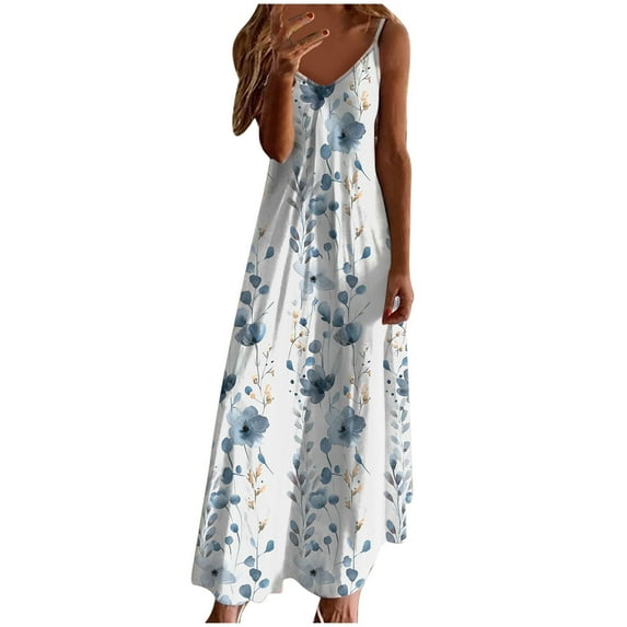 Oplxuo Women Floral Spaghetti Strap Sundress Casual Summer Long Maxi Dress Vneck Sexy Boho Dresses Trendy Beach Clothes