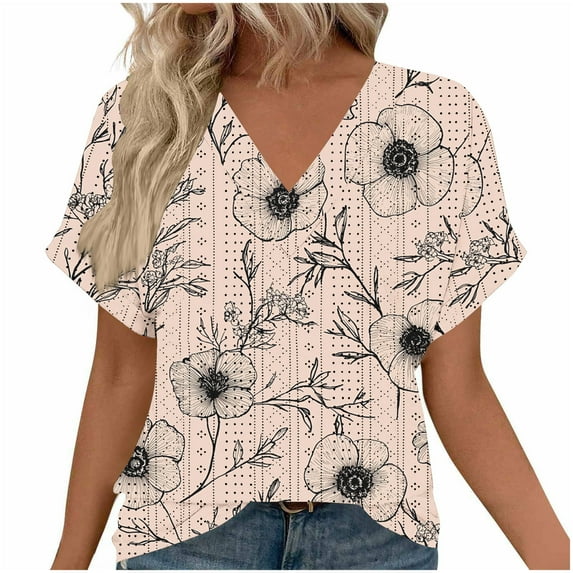 Oplxuo Women Floral Summer Tee Tops Dressy Casual Blouse Short Sleeve V Neck Loose Fit T Shirts Trendy Boho Clothes 2025