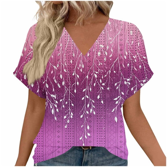 Oplxuo Women Floral Summer Tee Tops Dressy Casual Blouse Short Sleeve V Neck Loose Fit T Shirts Trendy Boho Clothes 2025