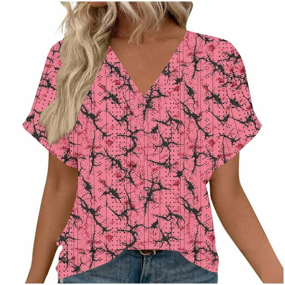 Oplxuo Women Floral Summer Tee Tops Dressy Casual Blouse Short Sleeve V Neck Loose Fit T Shirts Trendy Boho Clothes 2025