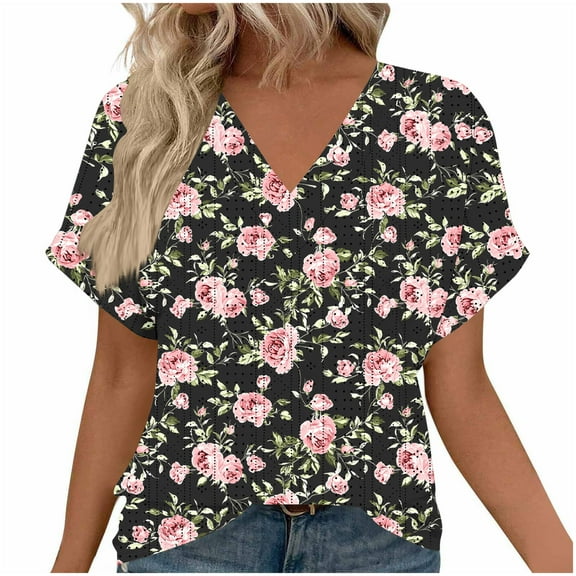 Oplxuo Women Floral Summer Tee Tops Dressy Casual Blouse Short Sleeve V Neck Loose Fit T Shirts Trendy Boho Clothes 2025