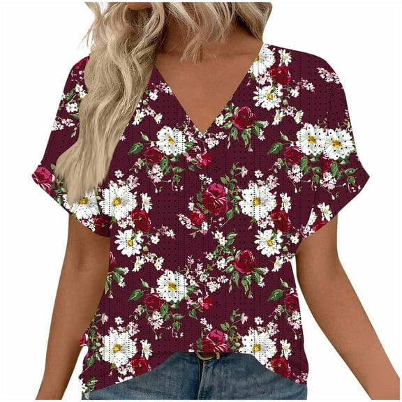Oplxuo Women Floral Summer Tee Tops Dressy Casual Blouse Short Sleeve V Neck Loose Fit T Shirts Trendy Boho Clothes 2025