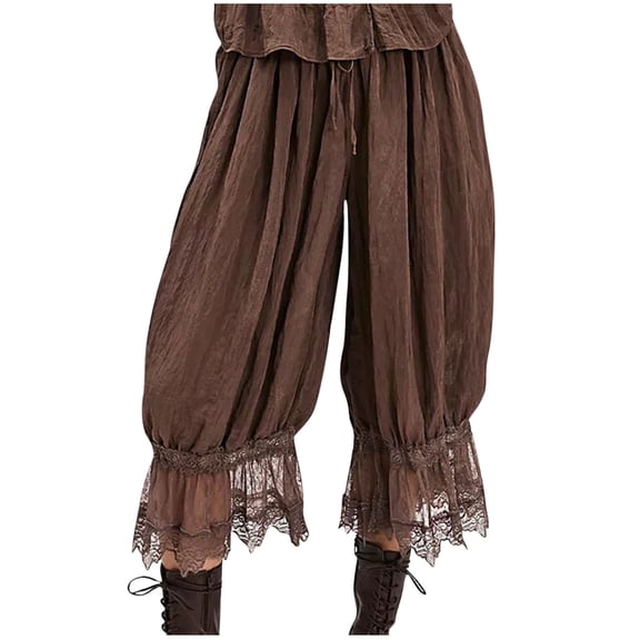 Oplxuo Women Lace Trim Long Bloomers Elastic Mid Rise Ruffle Pantaloons Cropped Flared Slips Pants Pajama Bottoms