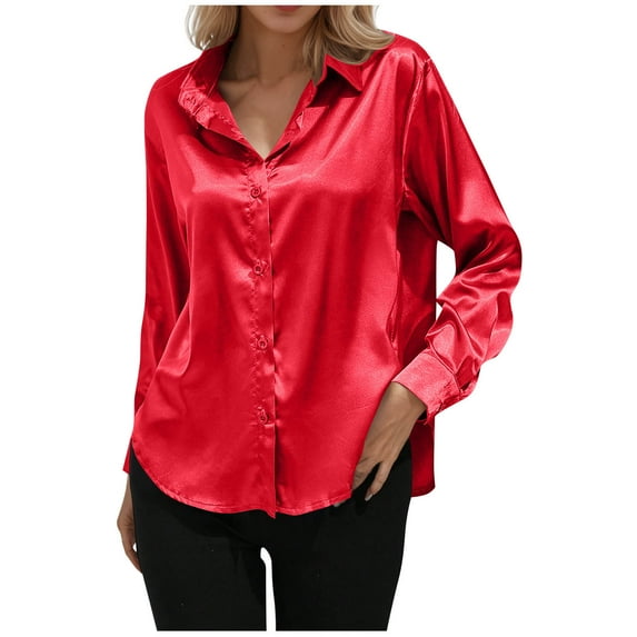 Oplxuo Women Satin Shirt Button Down Trendy V Neck Collared Tops Dressy Casual Long Sleeve Blouse Office Work Tunic Tops