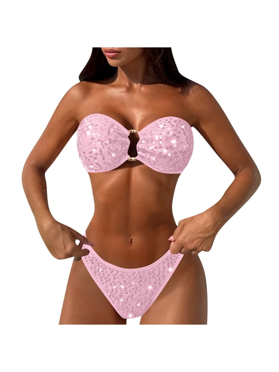 Women Sequin Bandeau Bikini Set Sparkly Ring Linked Swimsuits Strapless 2 Piece Bathing Suits High Cut Thong Swimwear
