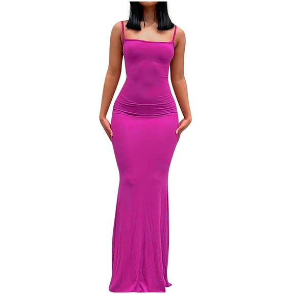 Oplxuo Women Sexy Bodycon Maxi Dress Sleeveless Solid Color Slip Dress Elegant Long Cami Dresses Evening Party