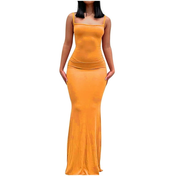 Oplxuo Women Sexy Bodycon Maxi Dress Sleeveless Solid Color Slip Dress Elegant Long Cami Dresses Evening Party