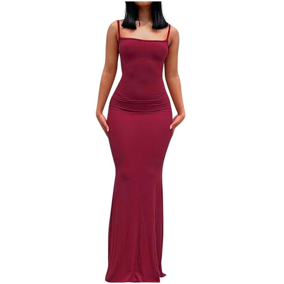 Oplxuo Women Sexy Bodycon Maxi Dress Sleeveless Solid Color Slip Dress Elegant Long Cami Dresses Evening Party