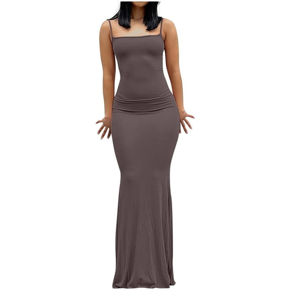 Oplxuo Women Sexy Bodycon Maxi Dress Sleeveless Solid Color Slip Dress Elegant Long Cami Dresses Evening Party