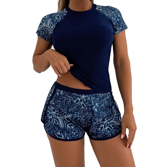 Oplxuo Women Short Sleeve Two Piece Rash Guard Set UPF 50 Swim Shirt with Board Shorts