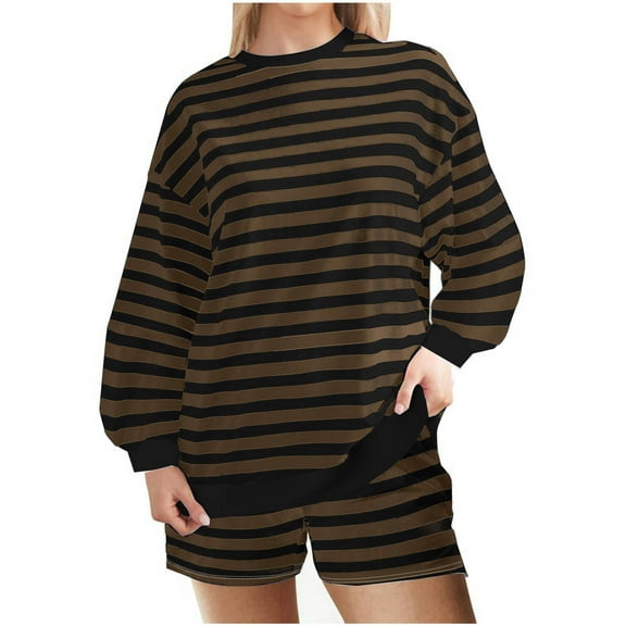 Oplxuo Women Striped 2 Piece Lounge Sets Casual Long Sleeve Sweatshirt Shorts Pajama Sets Loose Shorts Set Loungewear