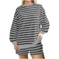 thumbnail image 1 of Oplxuo Women Striped 2 Piece Lounge Sets Casual Long Sleeve Sweatshirt Shorts Pajama Sets Loose Shorts Set Loungewear, 1 of 6