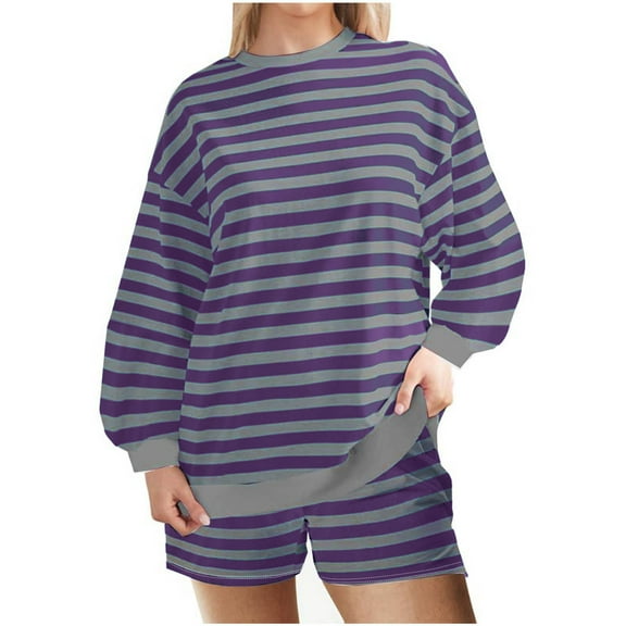 Oplxuo Women Striped 2 Piece Lounge Sets Casual Long Sleeve Sweatshirt Shorts Pajama Sets Loose Shorts Set Loungewear