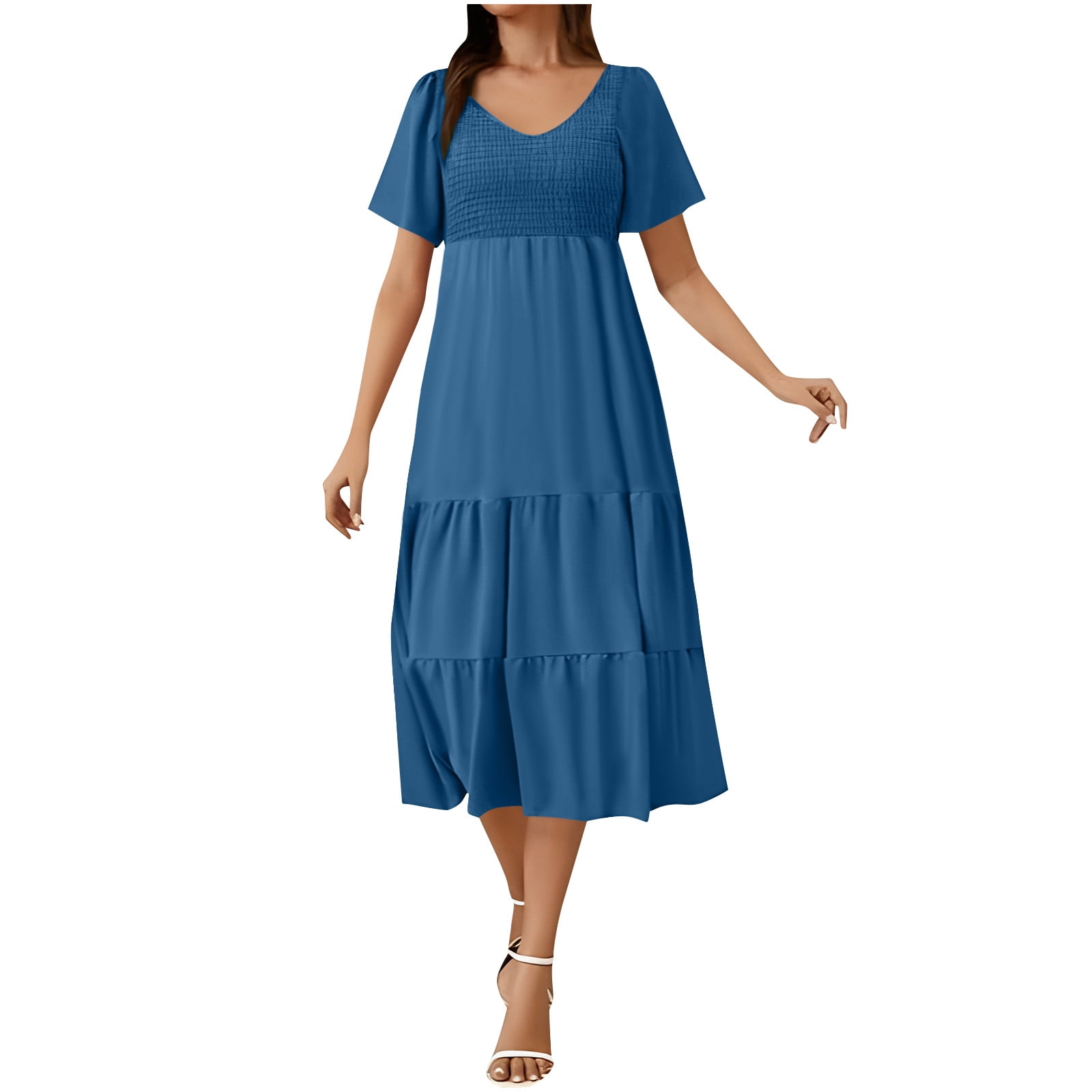 Summer Casual Pleated V Neck Lace Up Lantern Sleeve Boho Dress