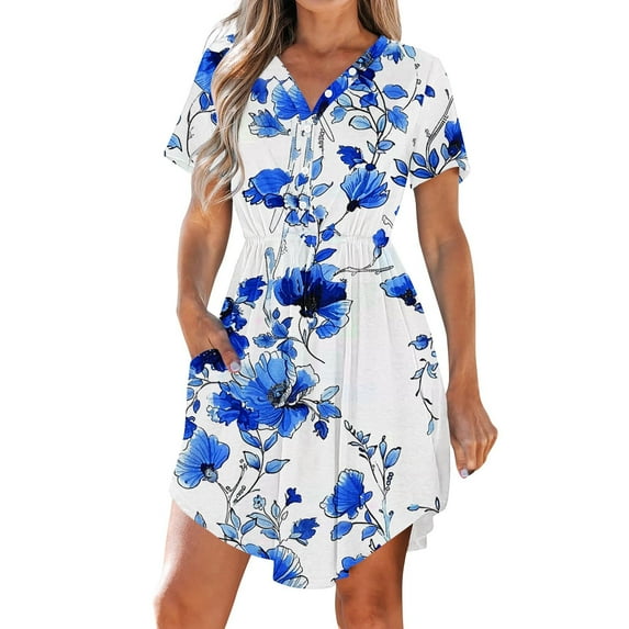 Oplxuo Women Summer Dress Casual V Neck Short Sleeve Drawstring 2025 Mini Dresses with Pocket