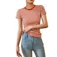thumbnail image 1 of Oplxuo Women Summer Short Sleeve Shirts Crewneck Striped Color Block T Shirts Slim Fit Ribbed Knit Basic Tee Tops, 1 of 6