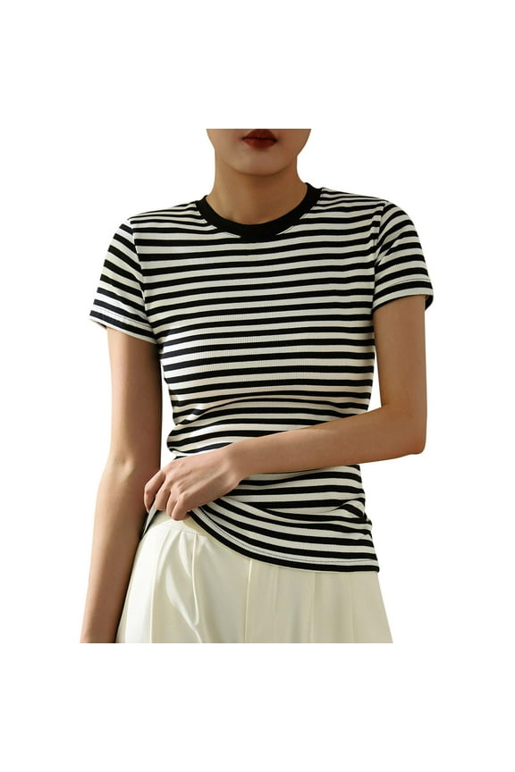 Women Summer Short Sleeve Shirts Crewneck Striped Color Block T Shirts Slim Fit Ribbed Knit Basic Tee Tops