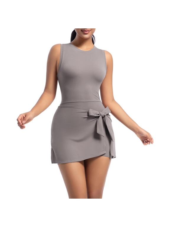 Women Summer Sleeveless Bodycon Tie Cinched Waist Romper Skort Mini Dress Built in Shorts Night Out Vacation Dress