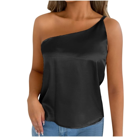 Oplxuo Women Summer Tops Silk Satin One Shoulder Camisole Tank Top Trendy Sleeveless Shirts Sexy Going Out Outfits
