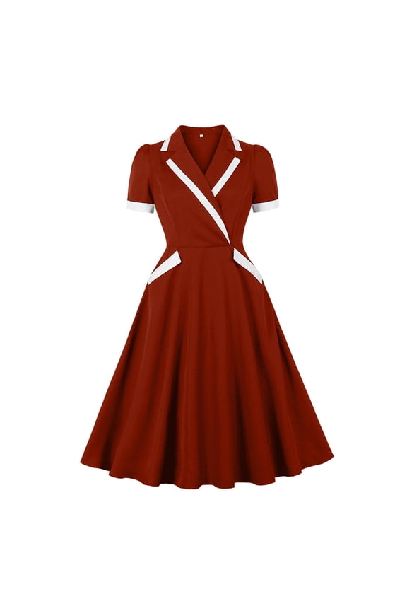 Women V Neck 1950s Vintage Short Sleeves Dress Retro A Line Swing Rockabilly Cocktail Party Dresses with Pockets