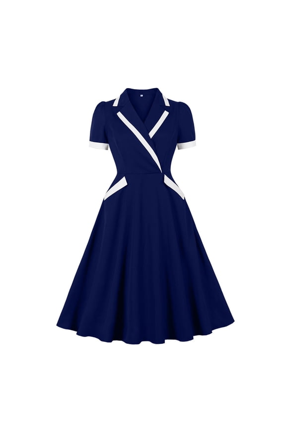 Women V Neck 1950s Vintage Short Sleeves Dress Retro A Line Swing Rockabilly Cocktail Party Dresses with Pockets