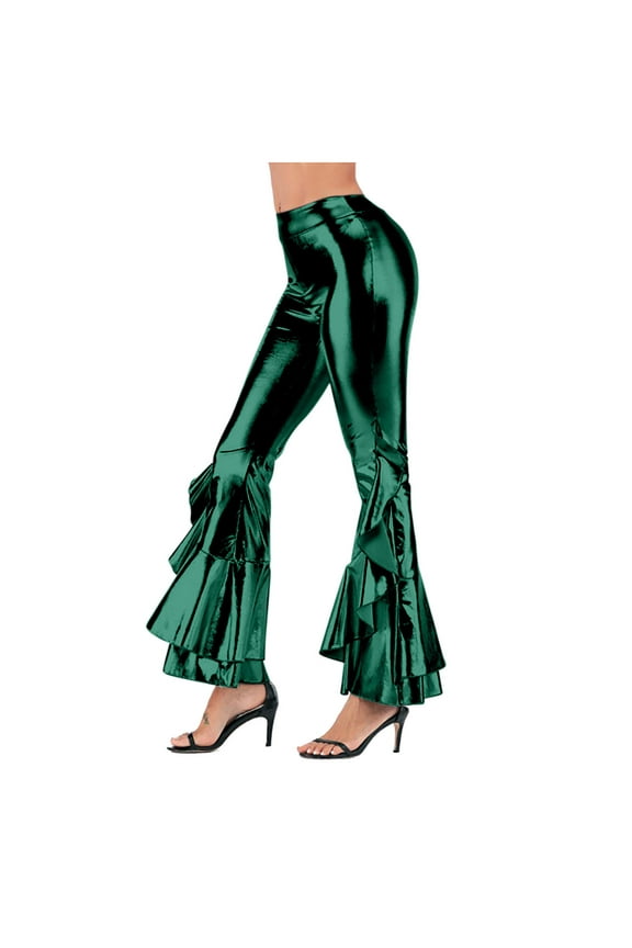 Women Vintage Shiny Metallic Bell Bottom Ruffle Flare Pants- 70s Disco High Waisted Dance Bootcut Palazzo Pants