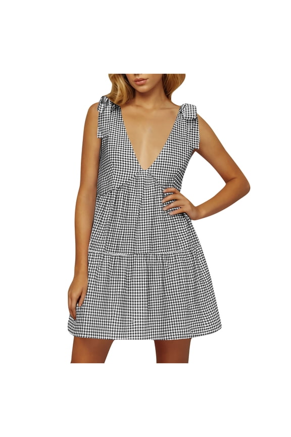 Women Y2k Plaid Mini Dress Casual Deep V Neck Sleeveless Bow Tie Shoulder Tiered Flowy A-Line Short Gingham Sundress