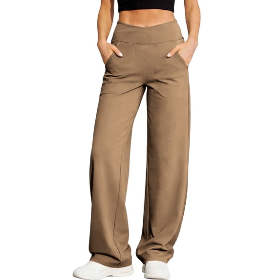 Oplxuo Women Yoga Dress Pants with Pockets High Waisted Crossover Wide Leg Pants Loose Casual Work Trouser Lounge Pant
