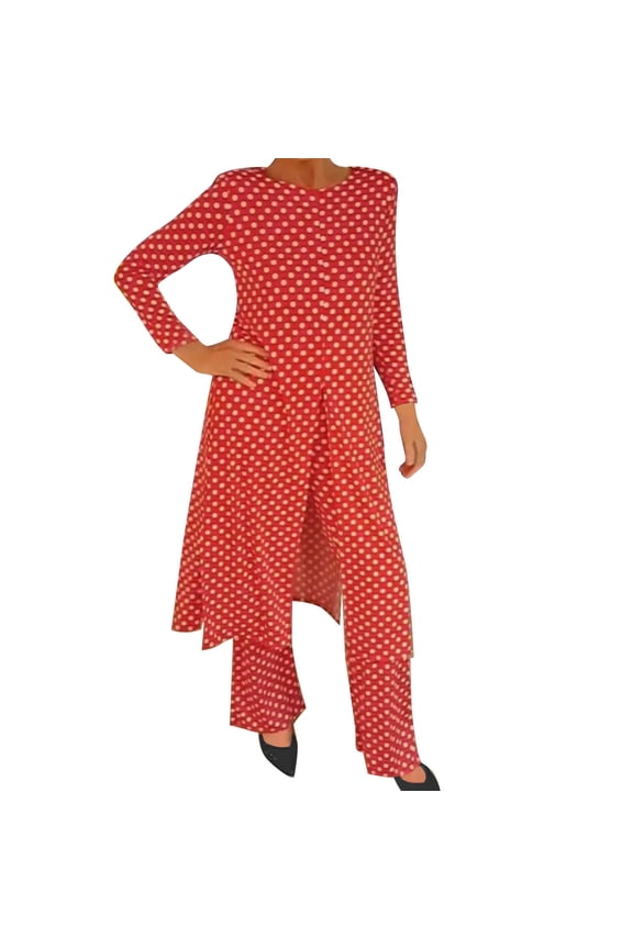 Women's 2 Piece Outfits Dressy Polka Dots Long Sleeve Slit TunicTops and Wide Leg Pants Business Office Lady Suits