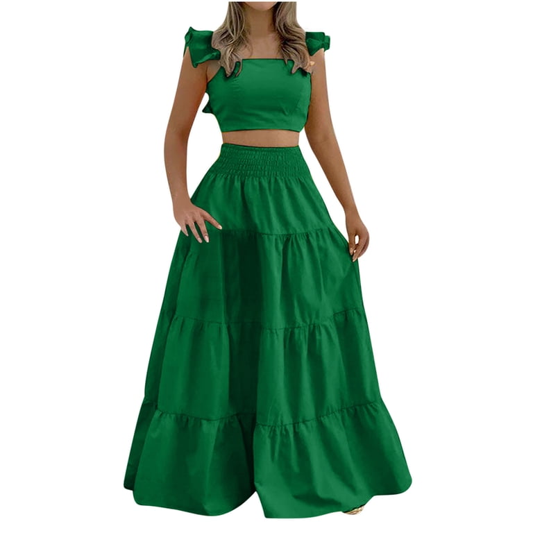 Oplxuo Women's 2 Piece Outfits Ruffle Square Neck Crop Tank Top Matching Tiered Swing Maxi Skirt Vacation Dress Sets