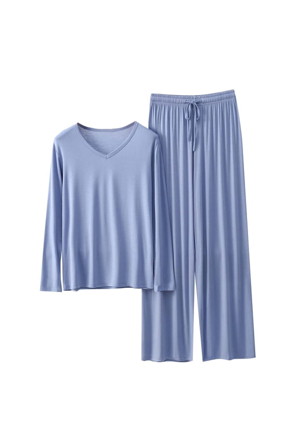 Women's 2 Piece Outfits Soft Modal Lounge Sets Loose V Neck Long Sleeve Tops and Wide Leg Pants Summer Pajamas Sets
