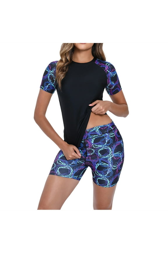 Women's 2 Piece Rash Guard Short Sleeve UPF 50+ Swim Shirt Built in Bra Bathing Suit with Boyshorts Bottoms