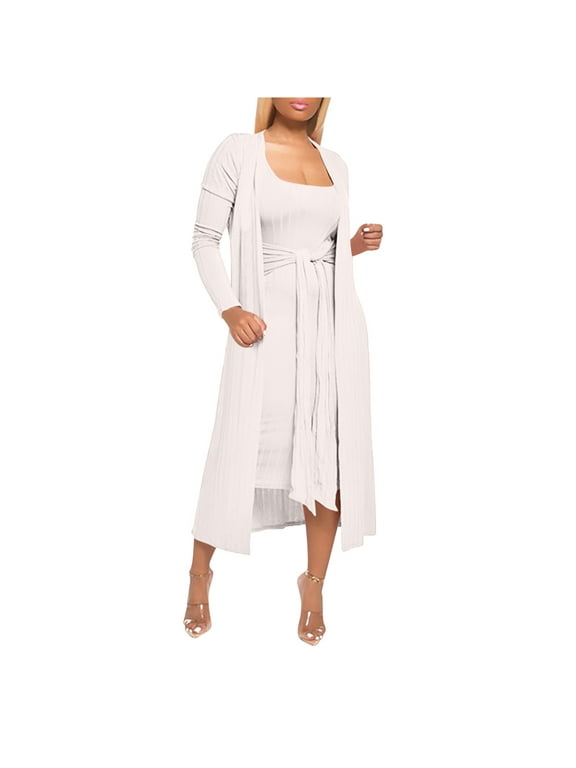 Women's 2 Piece Ribbed Outfits Open Front Cardigan Tie Knot Front Tank Bodycon Midi Dress 2024 Fall Loungewear Sets