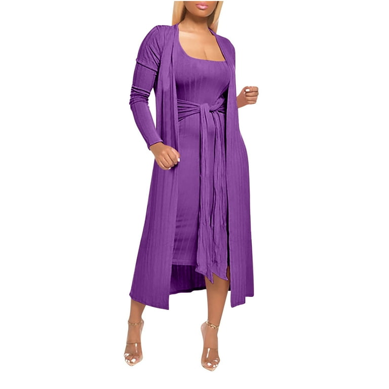 Oplxuo Women's 2 Piece Ribbed Outfits Open Front Cardigan Tie Knot Front  Tank Bodycon Midi Dress 2024 Fall Loungewear Sets - Walmart.com