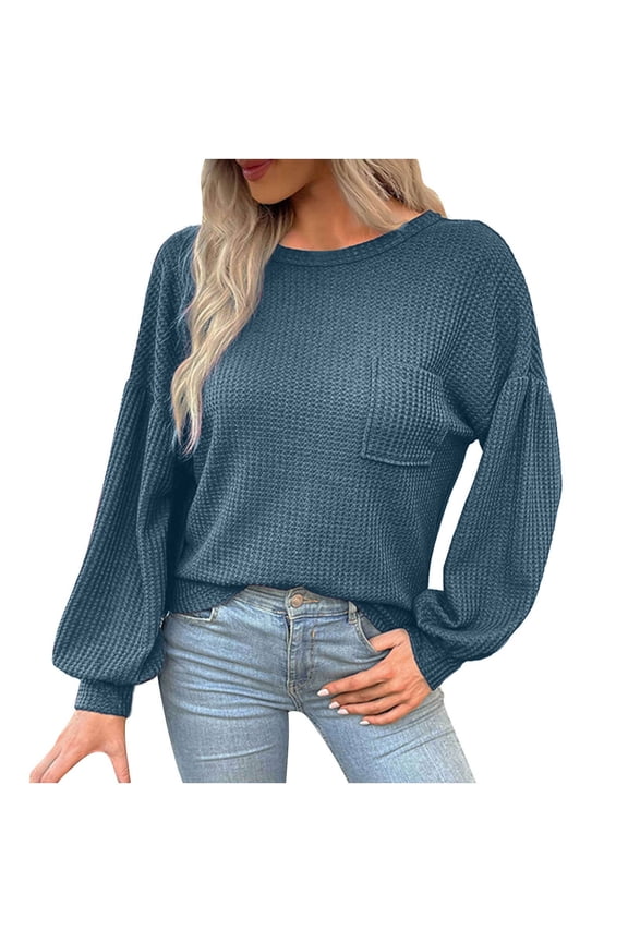Women's 2025 Fall Casual Puff Long Sleeve Waffle Knit Pullover Tops Trendy Backless Crewneck Loose Tshirt Blouses