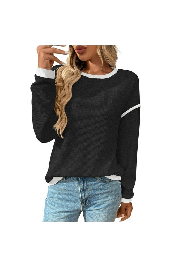 Women's 2025 Fall Fashion Crew Neck Long Sleeve Oversized Color Block Sweaters Ribbed Knit Pullover Tops