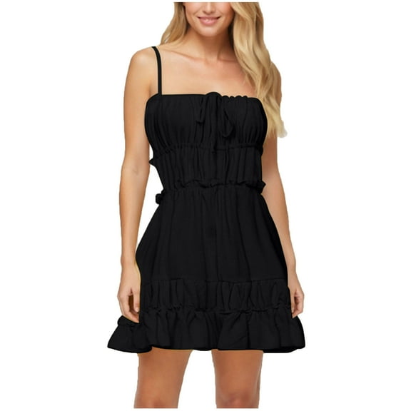 Oplxuo Women's 2025 Summer Square Neck A-Line Beach Dress - Boho Ruffle Spaghetti Strap Tiered Swing Vacation Party Dresses