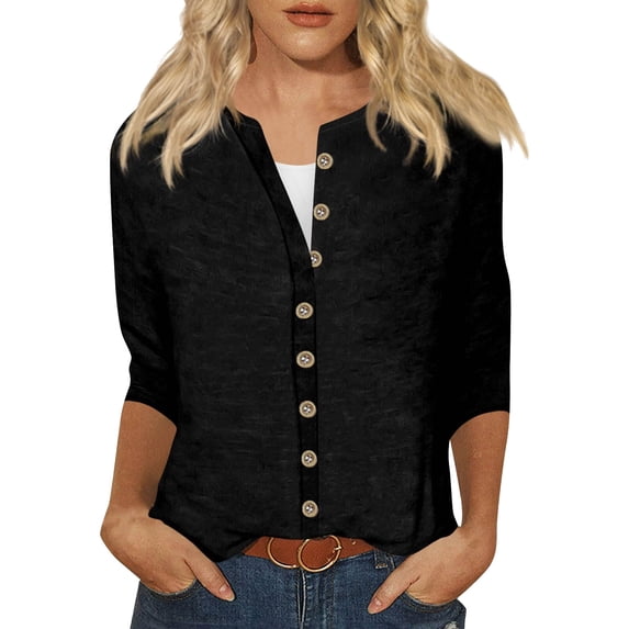 Oplxuo Women's 3/4 Sleeve Tops Dressy Button Down Shirts Casual Solid Loose Fit Three Quarter Length Sleeve Blouses